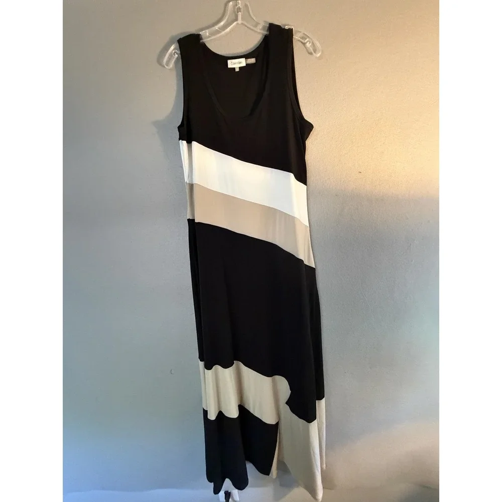 Calvin Klein Dress Womens L Black White Colorblock Tank Maxi Jersey Lined